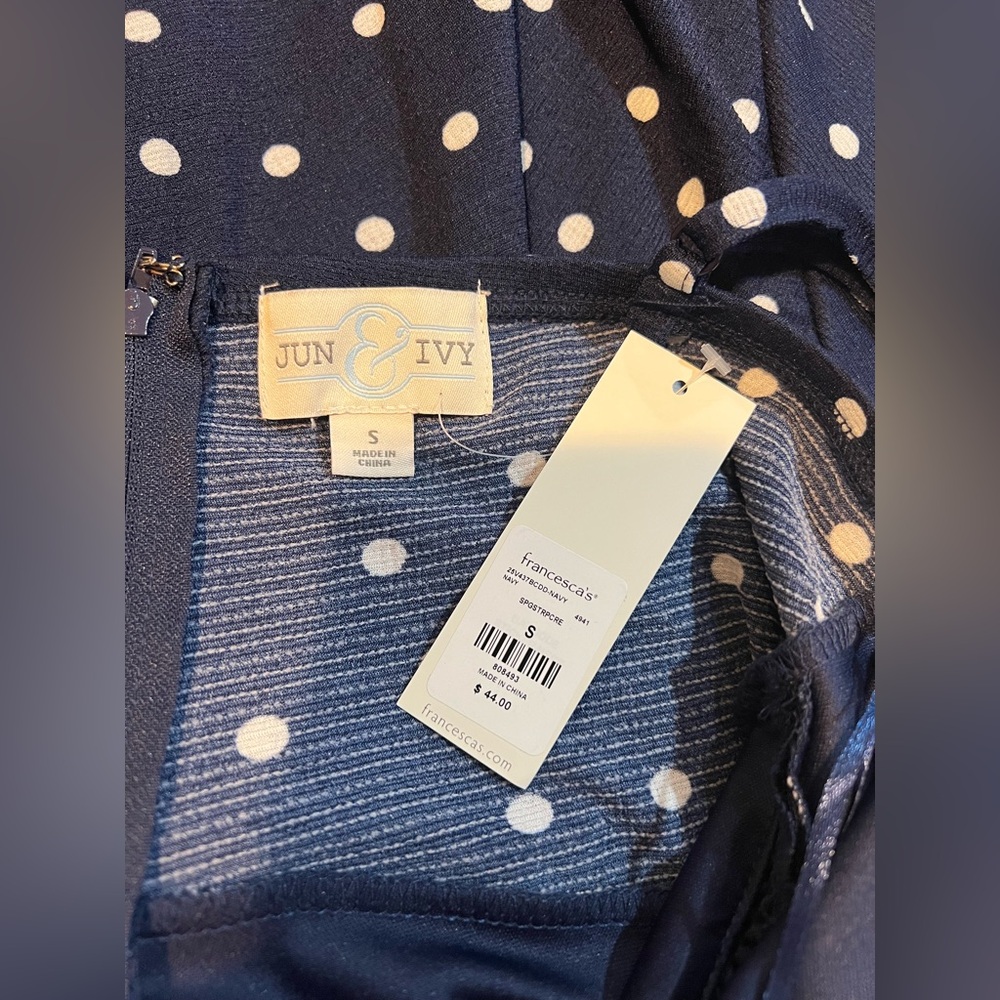 NWT 🏷️ JUN & IVY BY FRANCESCA’S NAVY, POLKA DOT STYLE COCKTAIL DRESS SIZE SMALL - Picture 6 of 7